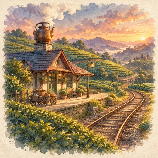 Bukit teh berundak dengan stasiun kecil bercerobong berbentuk ketel tembaga.