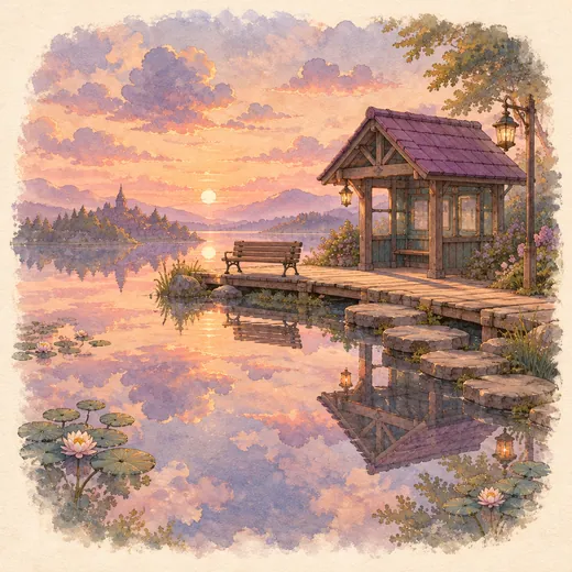 Peron papan di atas kolam yang tenang memantulkan langit senja.