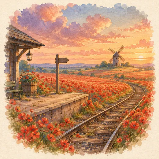 Peron kecil yang berakhir di ladang poppy merah dengan kincir angin di kejauhan.